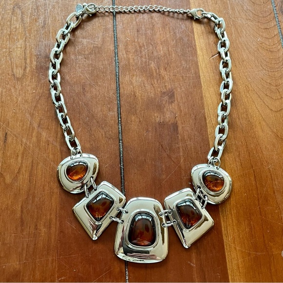 Lia Sophia Kiam Family Silver Tone Faux Amber Nacklace Big Chunky Up to 20" L - Picture 8 of 15